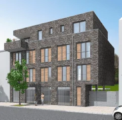 Visualisierung des viergeschossigen Wohn- und Geschäftshauses mit Klinkerfassade in der Bahnhofstraße